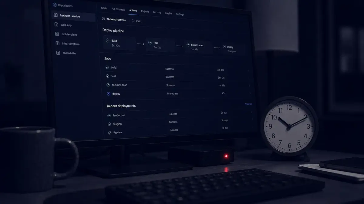 Flat white line-art of a code repository panel with a broken shield and a magnifying glass over server logs on a deep-indigo background, one flat red dot.