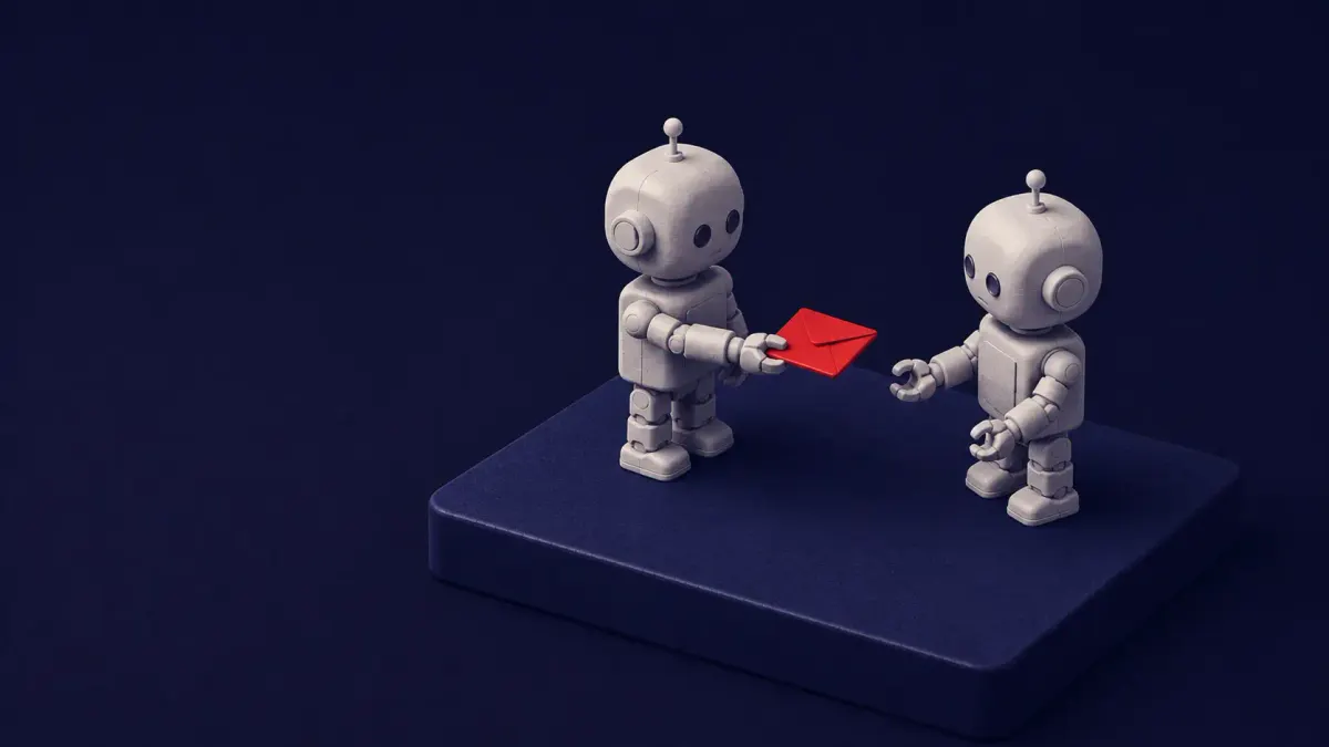 Isometric clay diorama on deep navy: two small robots, one passing a red note to the other — Google's ADK agent-to-agent attack via a poisoned GitHub issue.