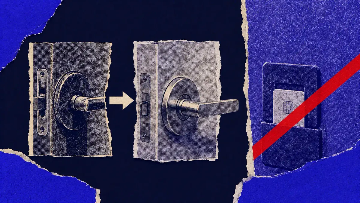 Cut-paper collage on deep navy: a reset padlock beside an intact key card, one flat red dot marking the passkey a password reset leaves behind.