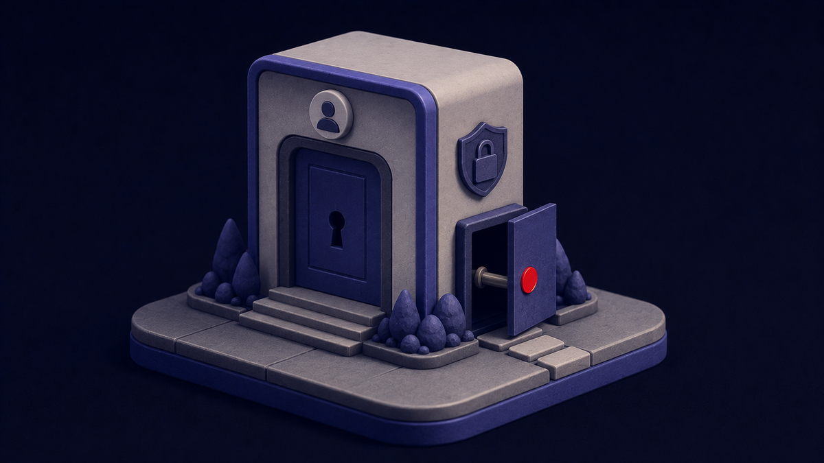 Line-art illustration of a Keycloak login shield being bypassed at the password-reset door, with one flat red dot marking the failure point.