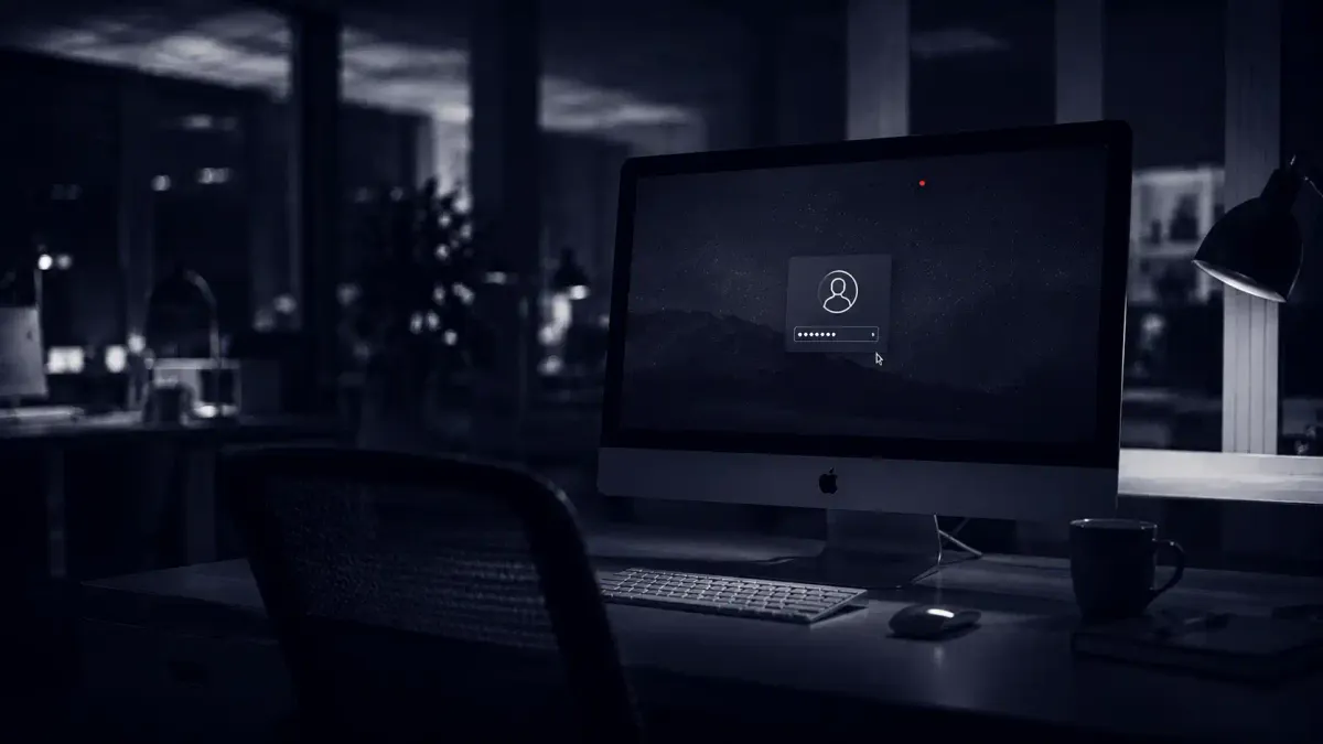 Flat white line art of a Mac with a remote-desktop cursor and a single flat red dot, on a deep navy background, marking the exploited Screen Sharing flaw.