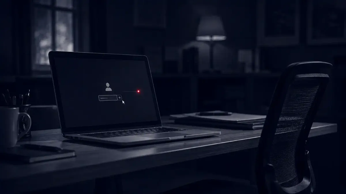 Flat white line art of a laptop screen with a red control dot, representing the macOS Screen Sharing vulnerability under active exploitation.
