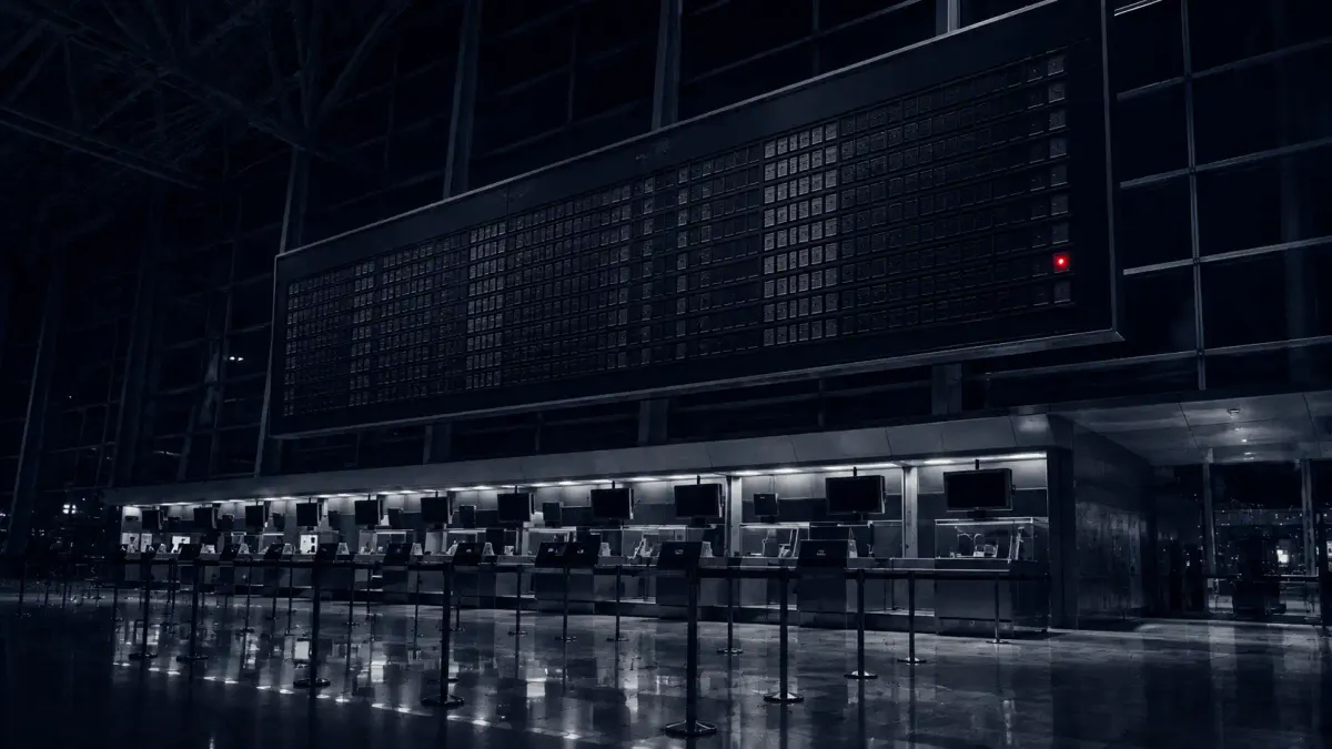 Flat line-art of an airport departures board above three terminal silhouettes, with one flat red dot marking a data-breach alert.