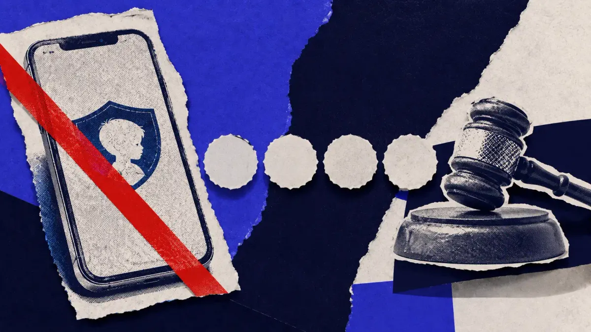 Flat white line-art of a smartphone with a child-shield icon beside a row of state seals, one flat red dot, on a deep navy background.