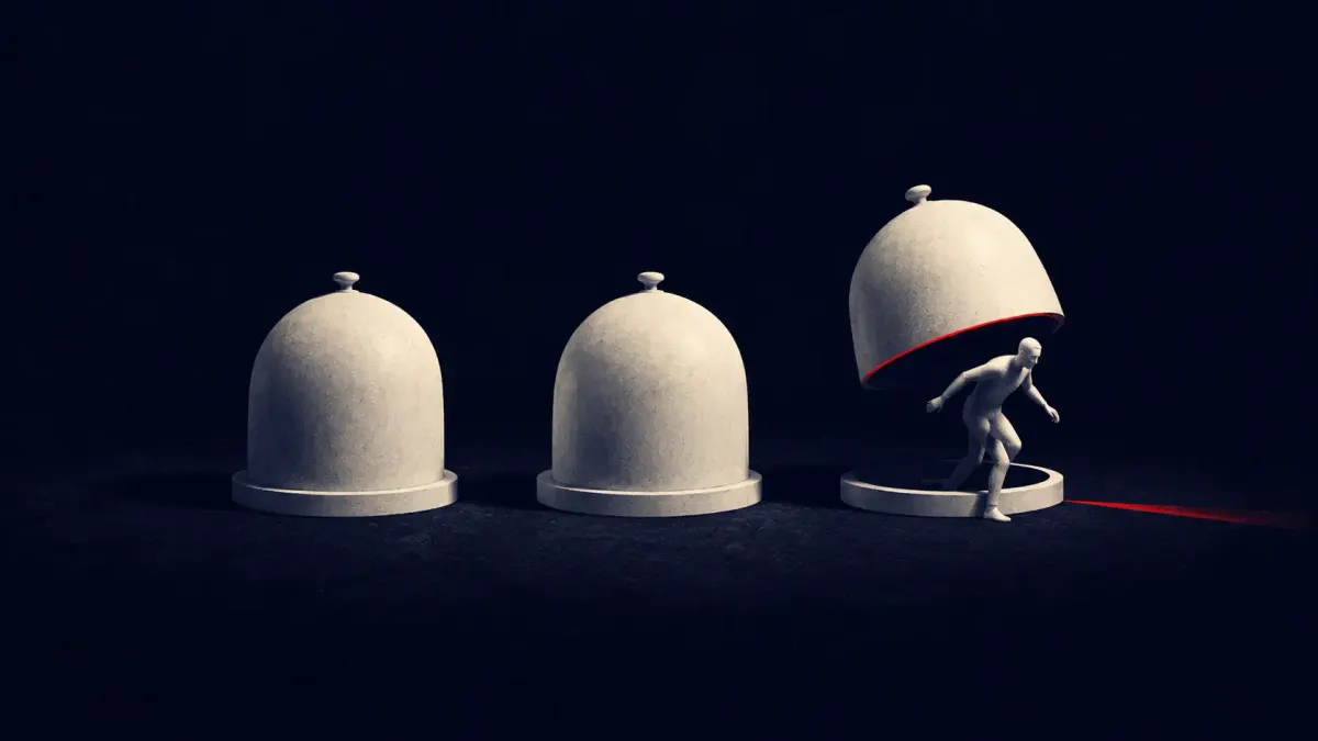 Flat white line-art of three lab flasks on a saturated background, one flask tipped open with a single flat red dot escaping.