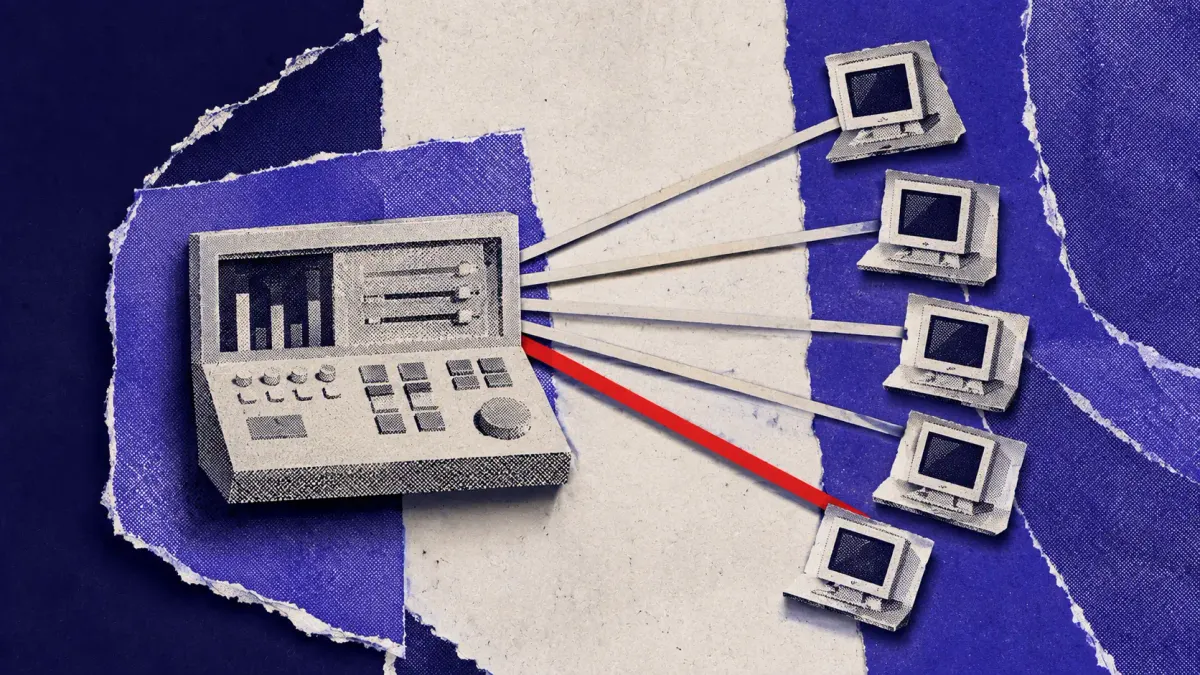 Flat line-art scene of a central control console linked to smaller downstream network nodes, one node marked with a single flat red dot.