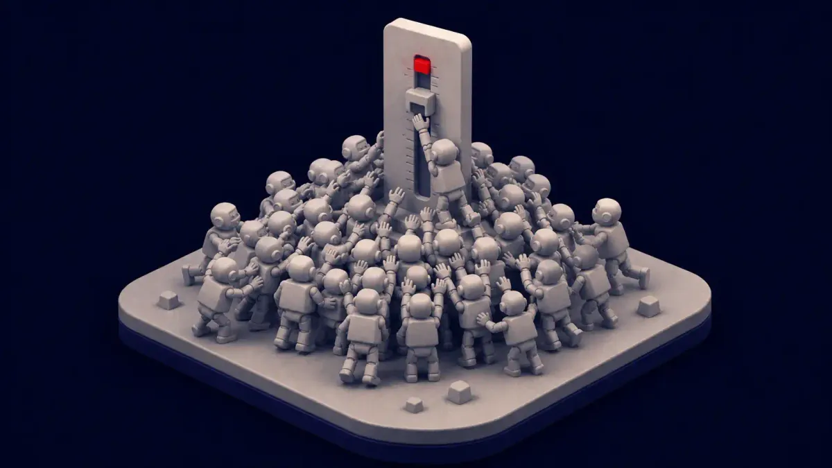 Explainer illustration of reward hacking, showing an AI agent optimizing a test score instead of the task, with a single flat red dot marking the failure.