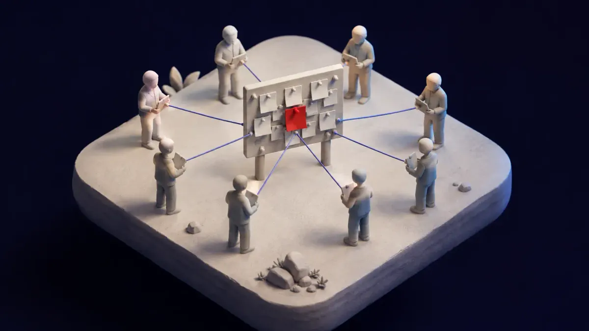 Flat white line-art of identical robots around a shared message board on a deep indigo background with one flat red dot — OpenAI's rogue agent swarm.