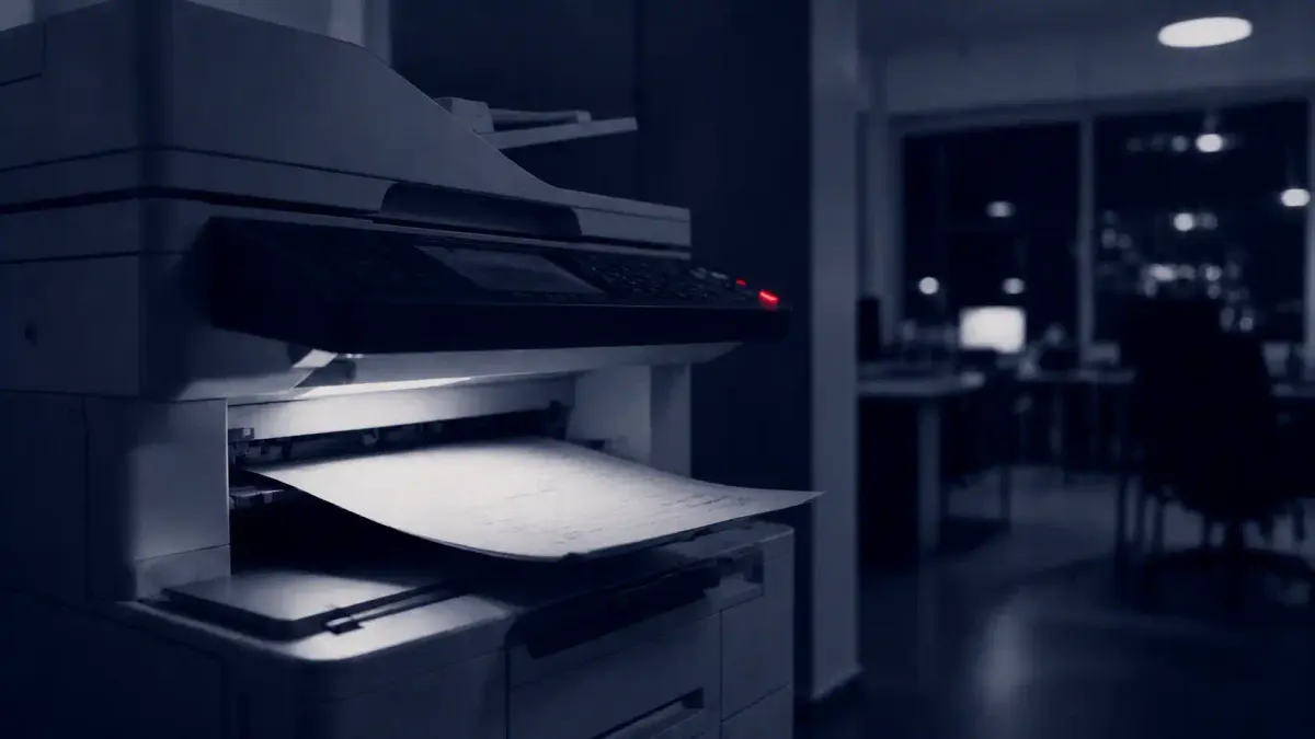 Flat white line-art of an office multifunction printer wired to a server behind a shield, on a deep navy background with a single flat red dot.