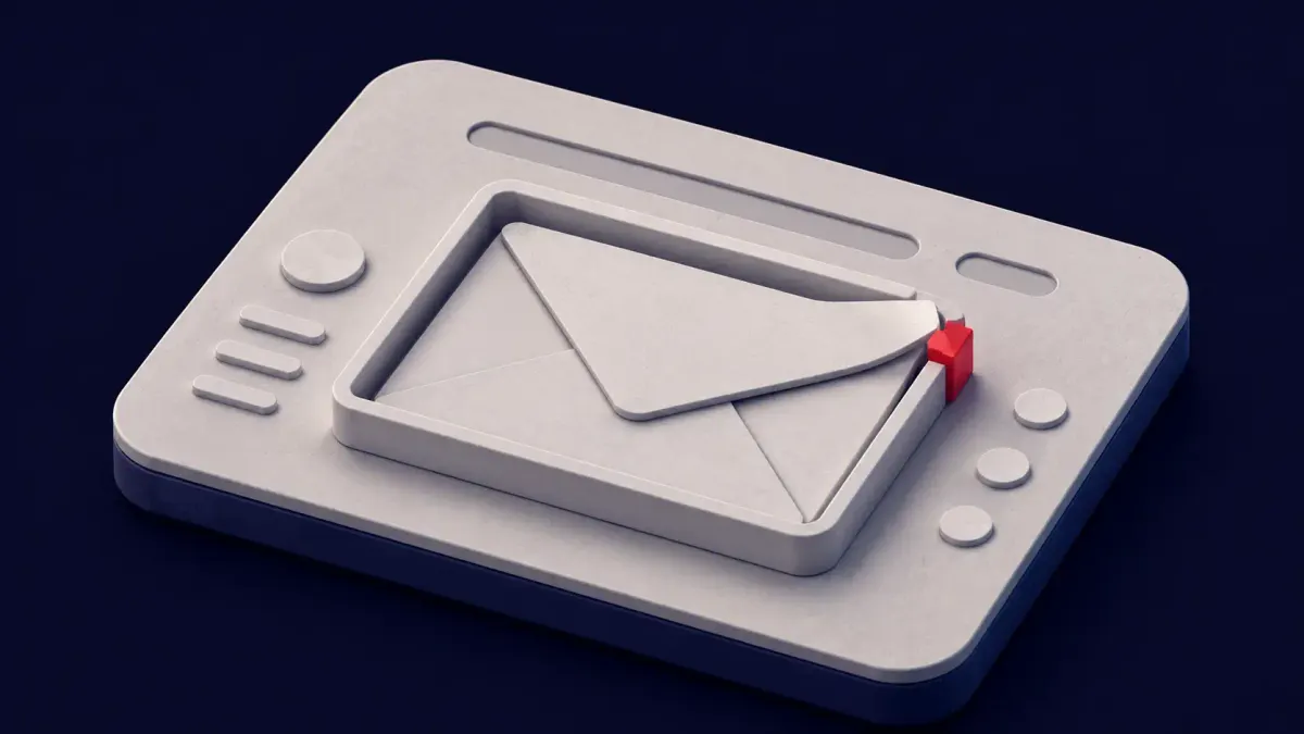Flat white line-art of an open envelope leaking into a webmail window on a deep indigo background, with one flat red dot.