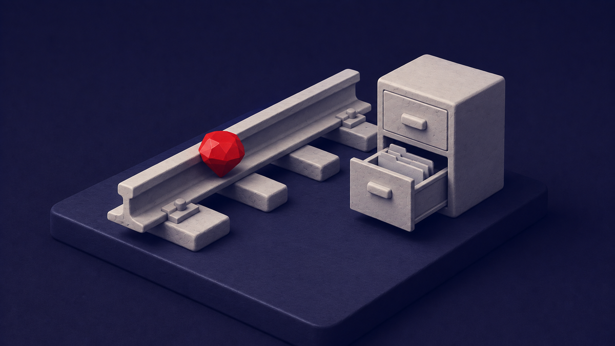 Isometric clay diorama on deep navy: a red ruby gem on a rail beside an open file drawer — the critical Ruby on Rails unauthenticated file-read patch.