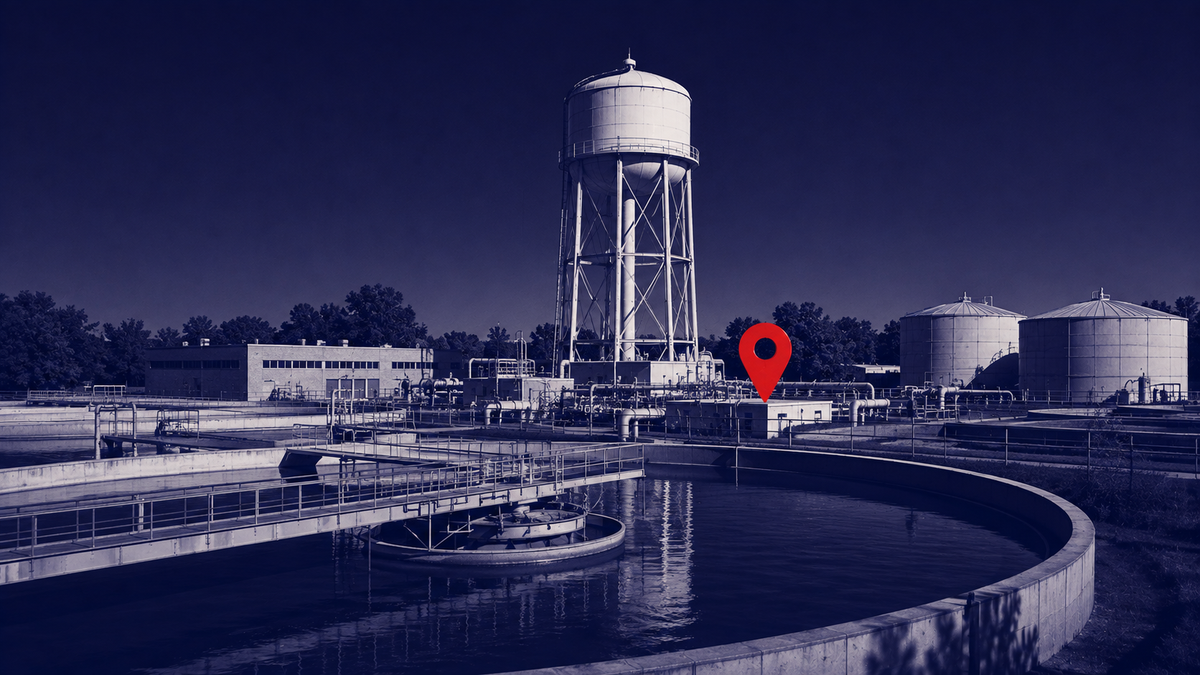 Navy duotone documentary: a water-treatment plant with one red location marker — cyberattacks on water systems across seven US states, likely tied to Iran.