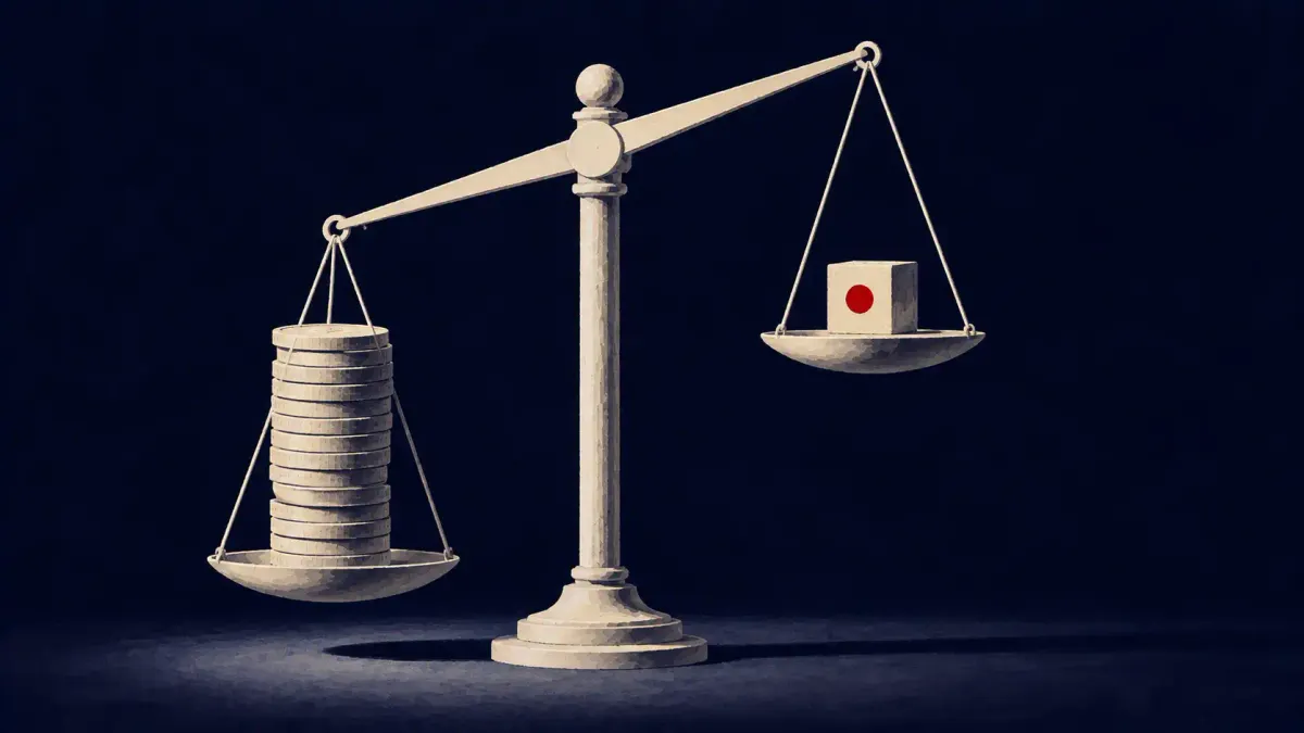 Flat white line-art of a smartphone and a legal gavel joined by a broken data line, one flat red dot, on a deep navy background.