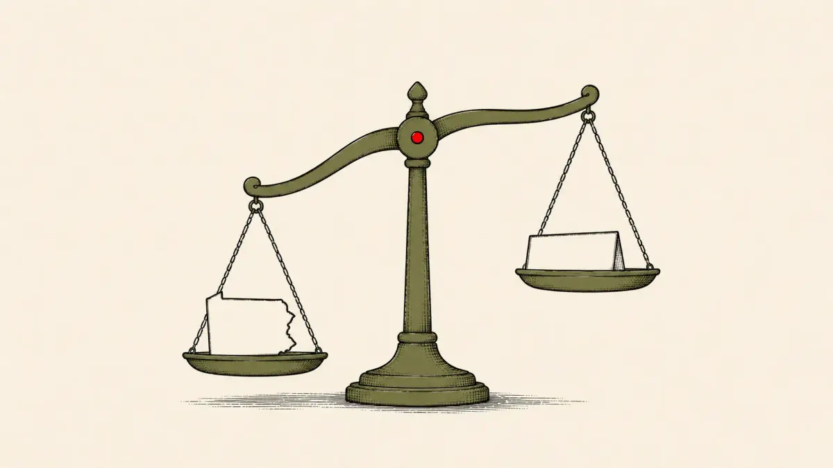 Navy editorial collage: a cut-out water tower between two opposing arrows, one in red — the Minnesota water-attack attribution split, Trump vs. US intelligence.