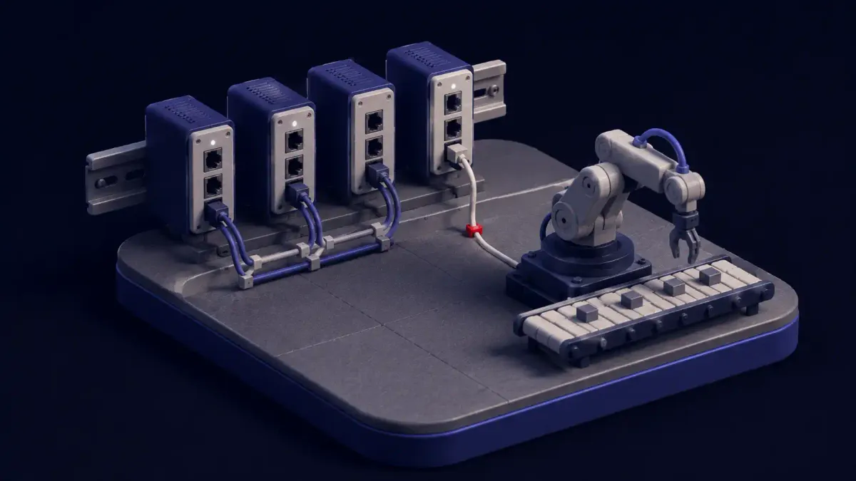 Editorial illustration of an industrial TSN network switch with a single flat red dot marking an unprotected control-plane connection.