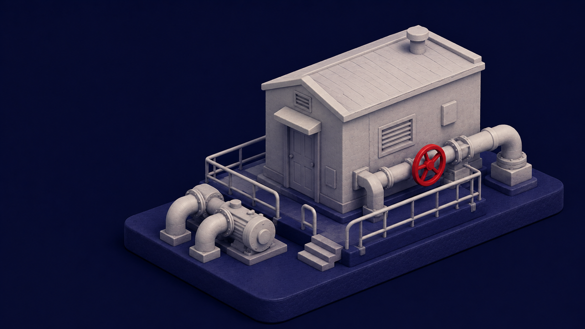 Isometric clay diorama on deep navy: a water pump station with one red valve — cyberattacks on water systems now reported across at least 12 US states.