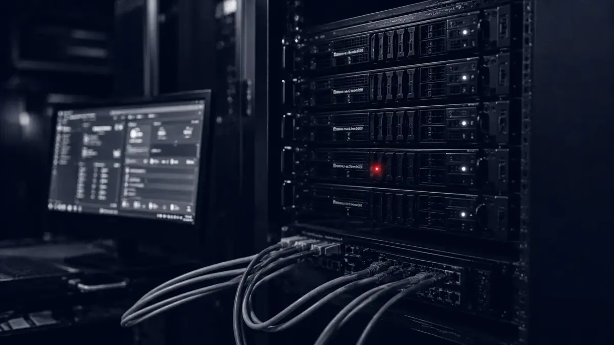 Flat white line-art of a vCenter server and a SharePoint panel beneath a cracked shield, one flat red dot marking the breach, on a deep navy background.