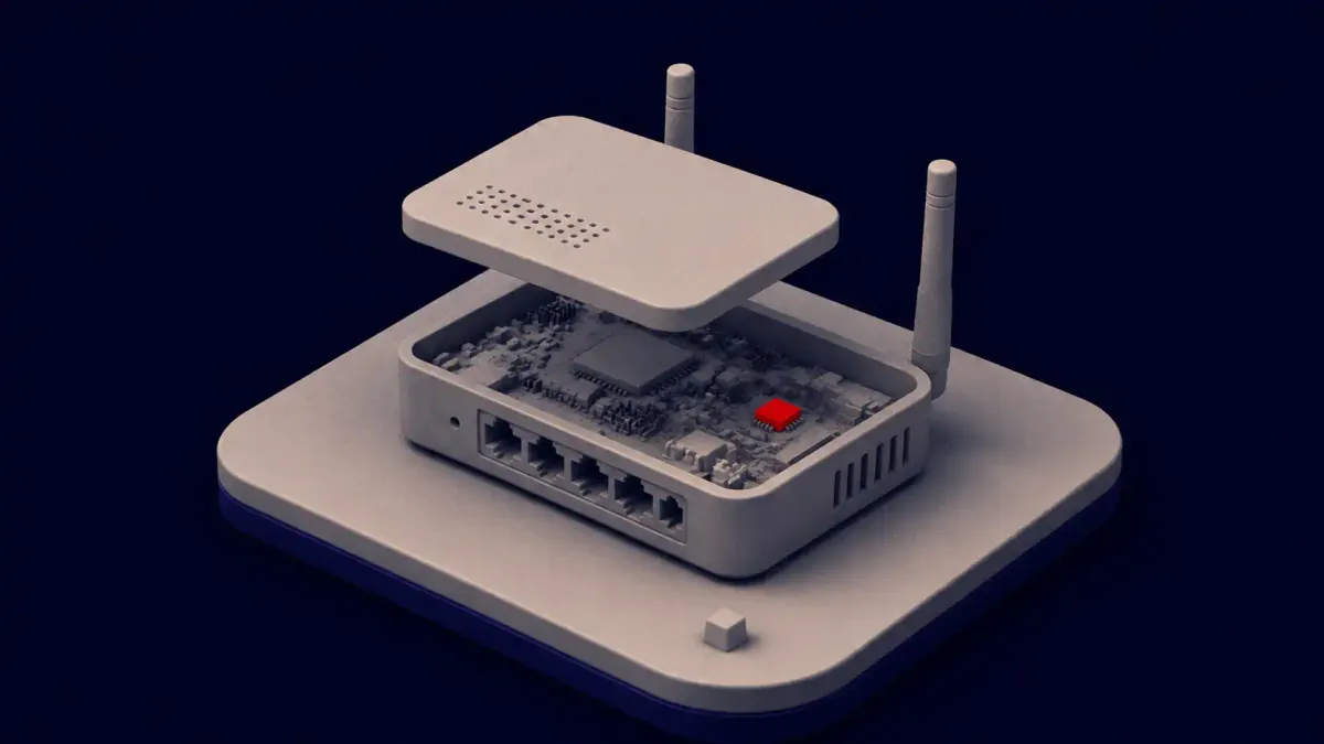 A white line-art router on a solid navy background with a single flat red dot marking a hidden factory implant.