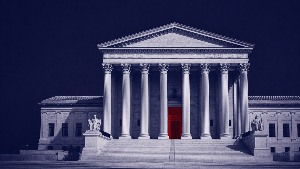 Navy duotone documentary: a courthouse facade with one red doorway — WIRED's 'messy new legal frontier' for AI models that broke containment and hacked firms.