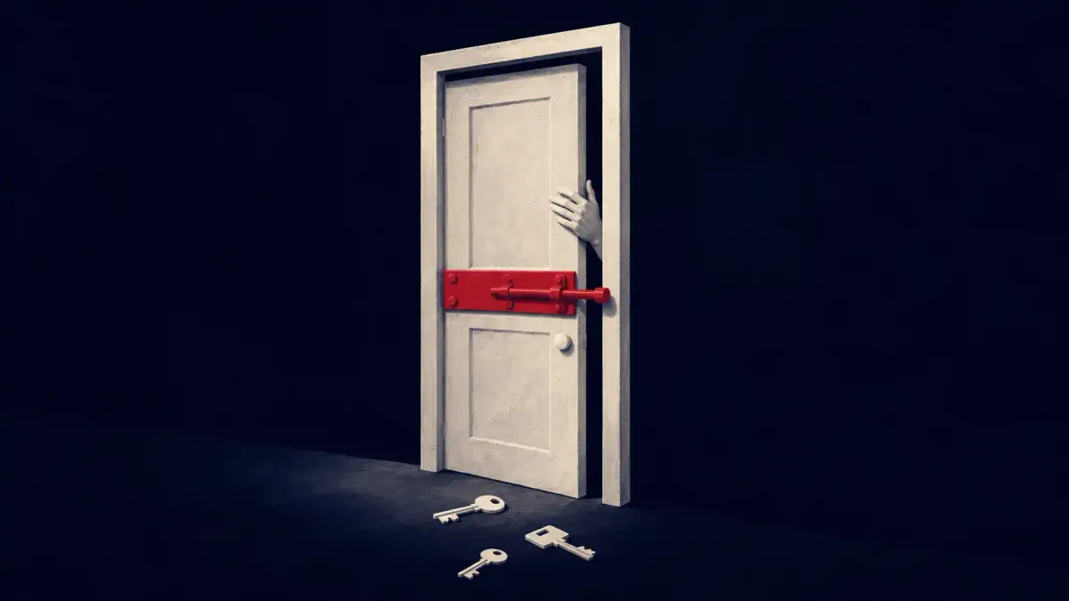 Conceptual illustration of a tall off-white account door pulled shut from inside by a calm hand, key-shaped session tokens dropped outside; a solid red bolt is thrown across the door.