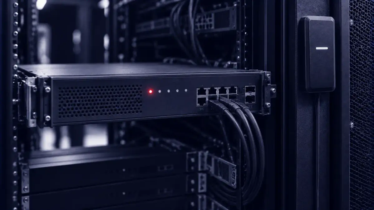 Duotone photo of a rack-mounted identity and access-control appliance with a badge reader beside it, a single front-panel status light lit in signal red.