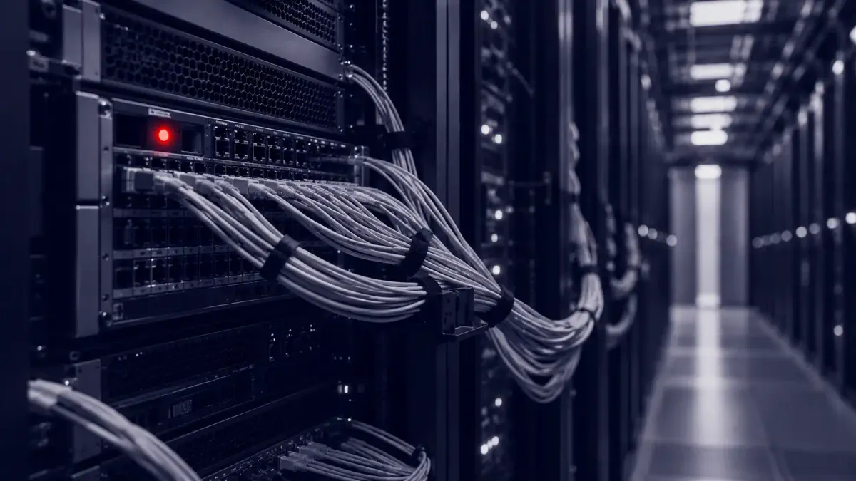 Flat white line-art of a data-center network switch with two exposed ports on a deep cyber-navy background, marked by a single flat red dot.