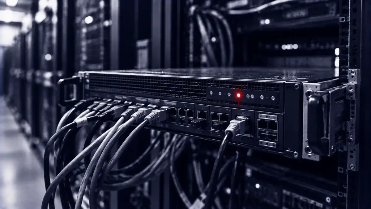 Duotone photo of a rack-mounted email-security gateway appliance, a single front-panel status light lit in signal red.