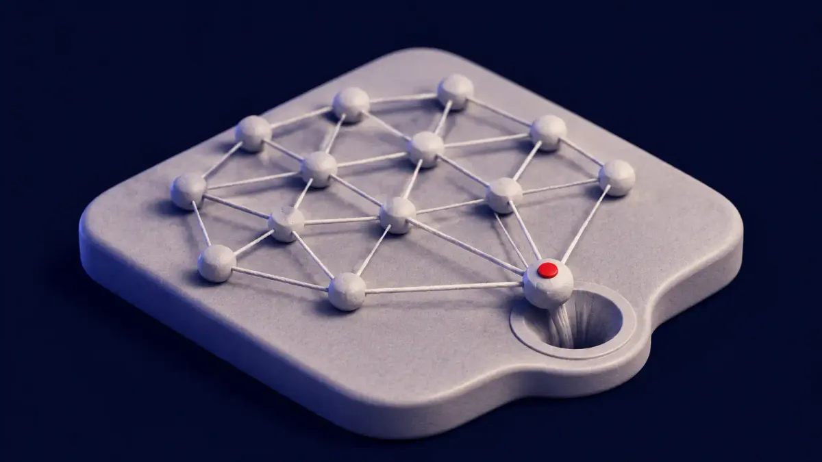 Conceptual line art of a decentralized peer-to-peer network with one node diverted into a sinkhole, marked by a single flat red dot.