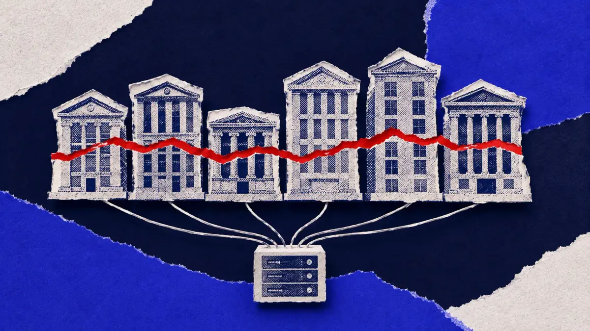 Cut-paper collage of a row of halftone bank towers wired by thin paper threads to one shared server node beneath them, with a bold red jagged crack running across the whole row.