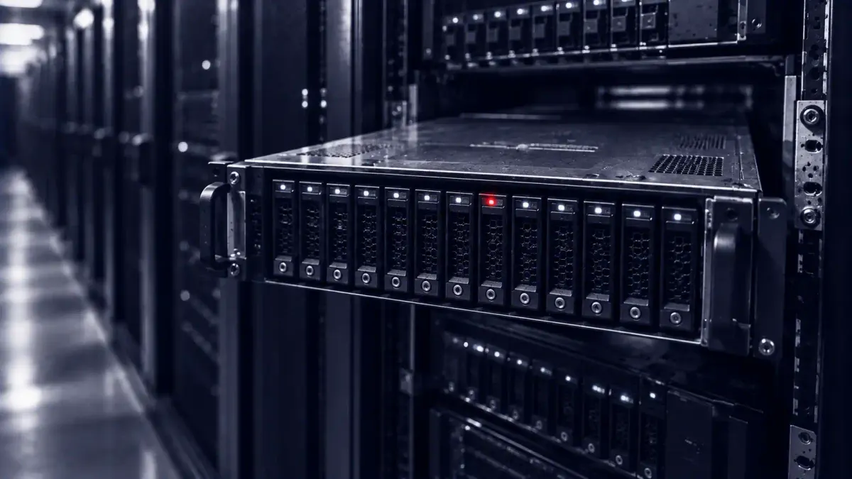 Duotone photo of a source-code repository server pulled forward in a data center, one status light lit in signal red.