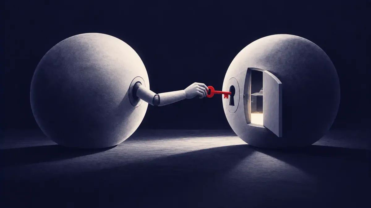 Surreal illustration on navy: two off-white orbs facing each other, one reaching an arm to turn a key in the other's keyhole, the key glowing signal red.
