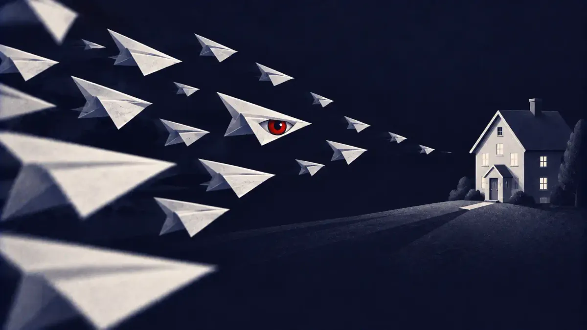 Surreal illustration on navy: a flock of paper message-planes drifting toward a house, one plane carrying a single watching eye in signal red.