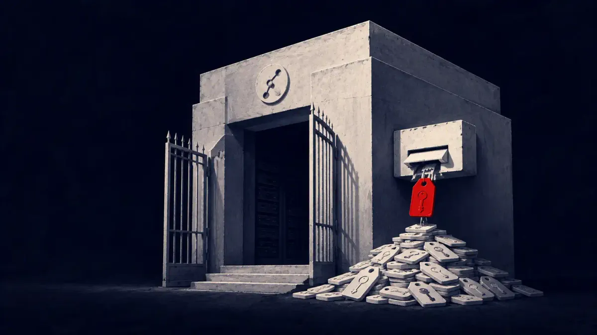 Conceptual illustration of an off-white repository vault, its gate wide open and unattended, a minting slot stamping out a pile of admin key-tokens; the token dropping now is red.
