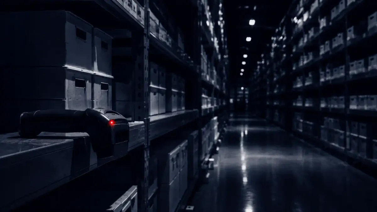 Duotone photo down a long aisle of a dim pharmaceutical warehouse stacked with identical medicine totes, a handheld inventory scanner on a shelf edge with one status light lit red.