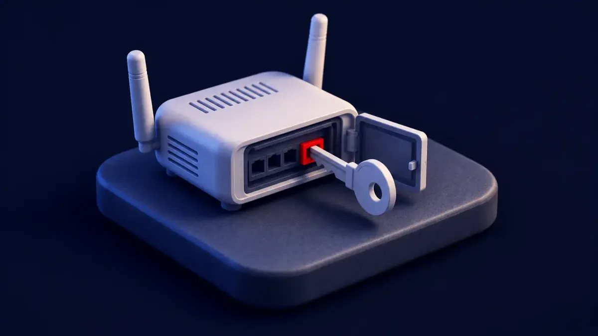Illustration of a MikroTik RouterOS router with an exposed SSH port flagged as compromised, on a navy background with one red dot.