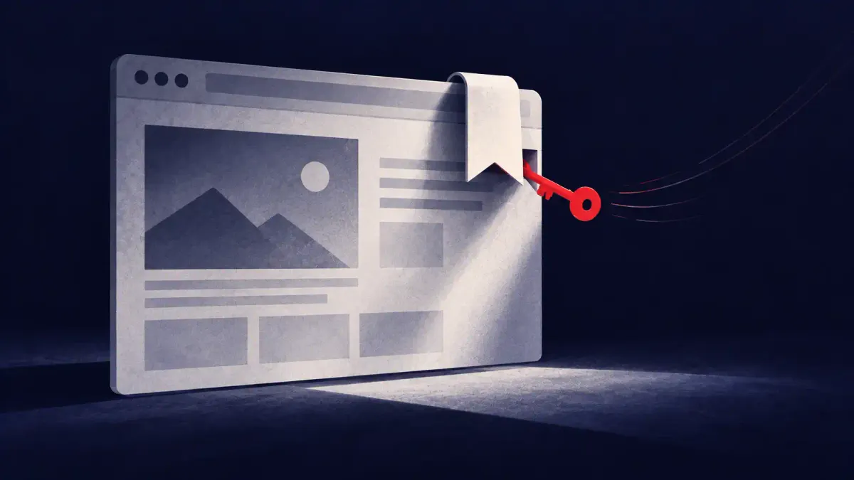 Flat white line-art of a browser window splitting into a bookmark tab and a session cookie, one flat red dot, on a deep navy background.