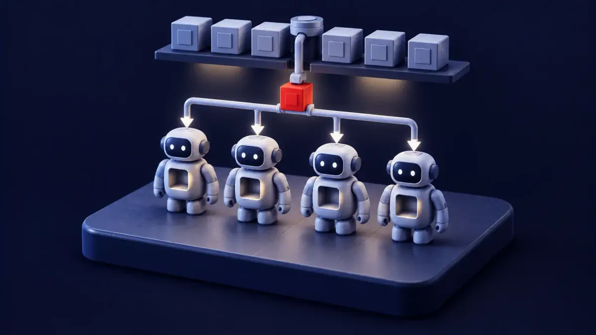 Isometric clay diorama: one plugin block on an arm descending into a row of four identical clay robot assistants, the block marked in signal red.