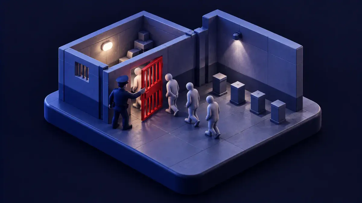 Isometric clay diorama: a small prison cell with its barred door swinging closed beside empty pedestals, the door marked in signal red.