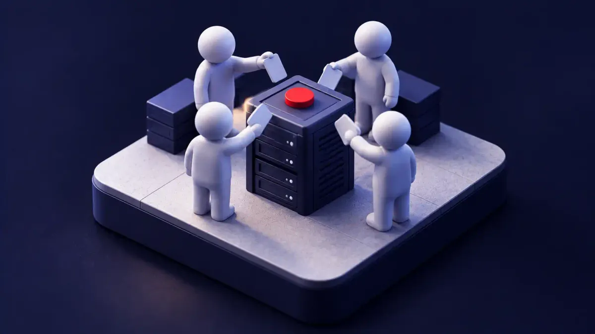 Isometric clay diorama: four identical clay figures voting around a small computer tower, a single token on top marked in signal red.