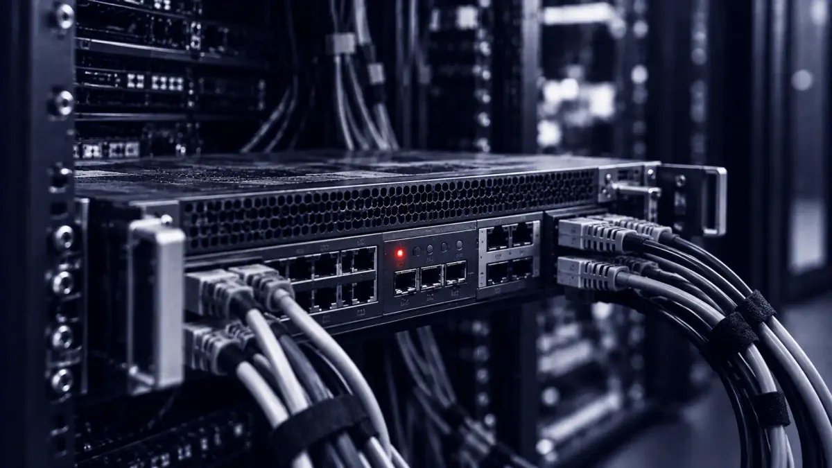 Duotone photo of a rack-mounted access-policy appliance with coiled access cables, a single front-panel status light lit in signal red.