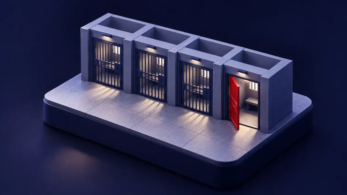 Isometric clay diorama: a row of four clay holding cells, three doors shut and the fourth swinging closed, that door marked in signal red.