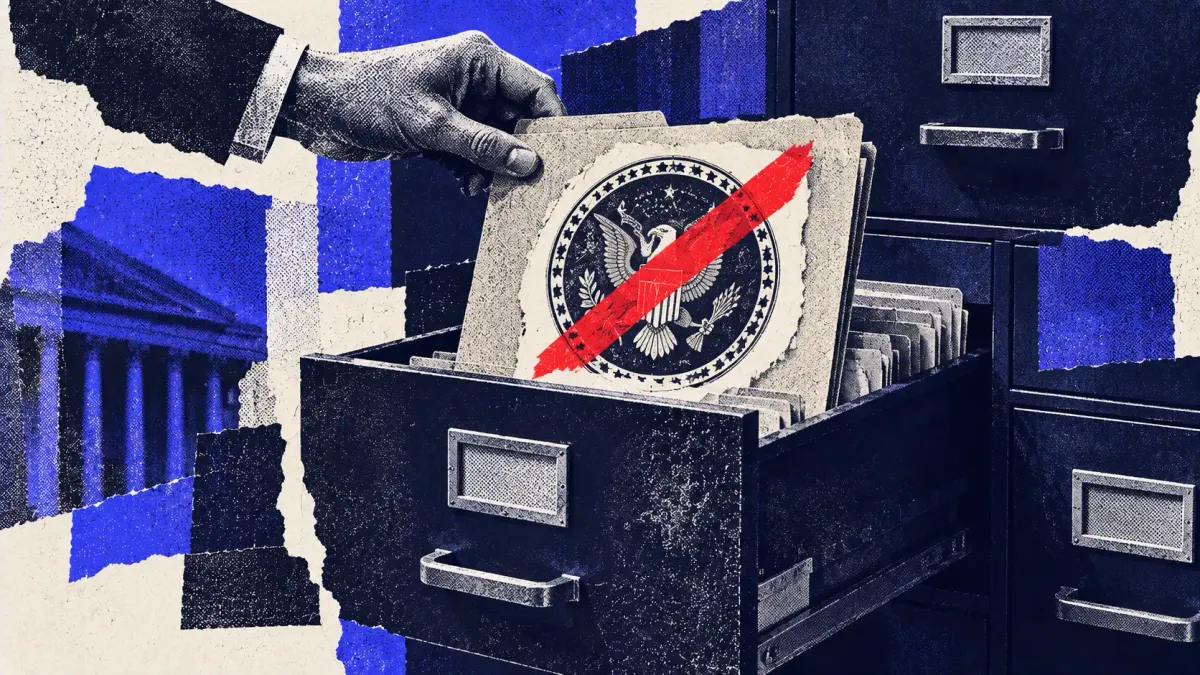 Cut-paper collage on navy: a filing cabinet with one personnel dossier pulled out, a red slash struck across the official seal on its front.
