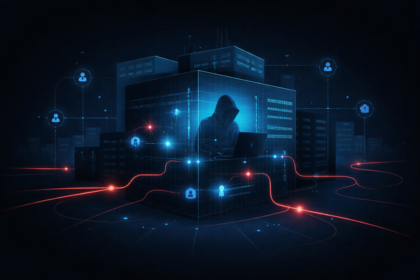 3D isometric view of a dark city grid where a hooded hacker at a laptop manipulates a glowing blue server cube, with red energy lines mapping an advanced persistent threat.