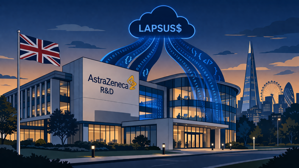 Editorial illustration of AstraZeneca's R&D building in London at dusk, showing digital code exfiltrating into a Lapsus$ group cloud, symbolizing a major cyber extortion event.