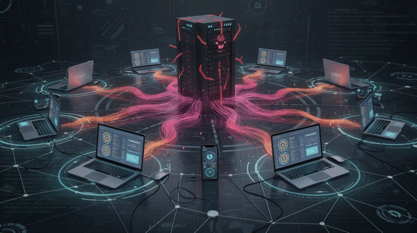 Isometric illustration of a server network with glowing orange cryptocurrency symbols, representing unauthorized crypto mining malware draining system resources.