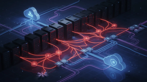 Isometric visualization of a data center with blue and red network paths connecting servers to cloud security icons, representing modern cyber risk and defense.