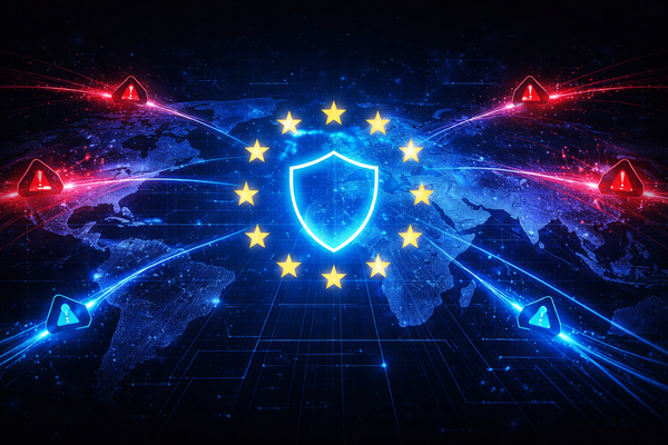 A glowing European Union shield and stars centered on a world map, with blue light beams intercepting incoming red cyberattack warning icons from across the globe.