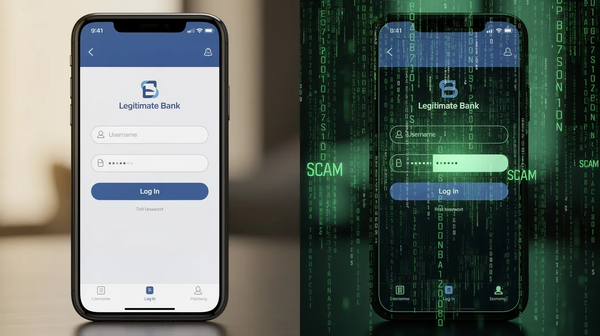 Medium-close-up of a smartphone showing a split screen: a real-looking bank login on the left and malicious green code with the word 'SCAM' on the right to illustrate phishing deception.