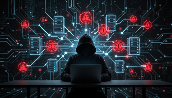 A hooded hacker sits at a laptop before a digital circuit background. Red warning icons and glowing nodes connect to server towers, visualizing a cyberattack on network infrastructure.