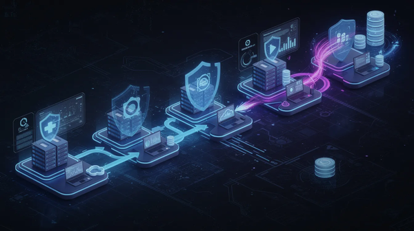 Isometric illustration of a multi-stage cyberattack sequence showing interconnected server nodes being bypassed by blue and purple light trails, representing an exploit chain in action.